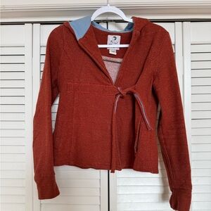 REBE Rust Red Tie-Waist Hoodie Jacket with Light Blue Trim